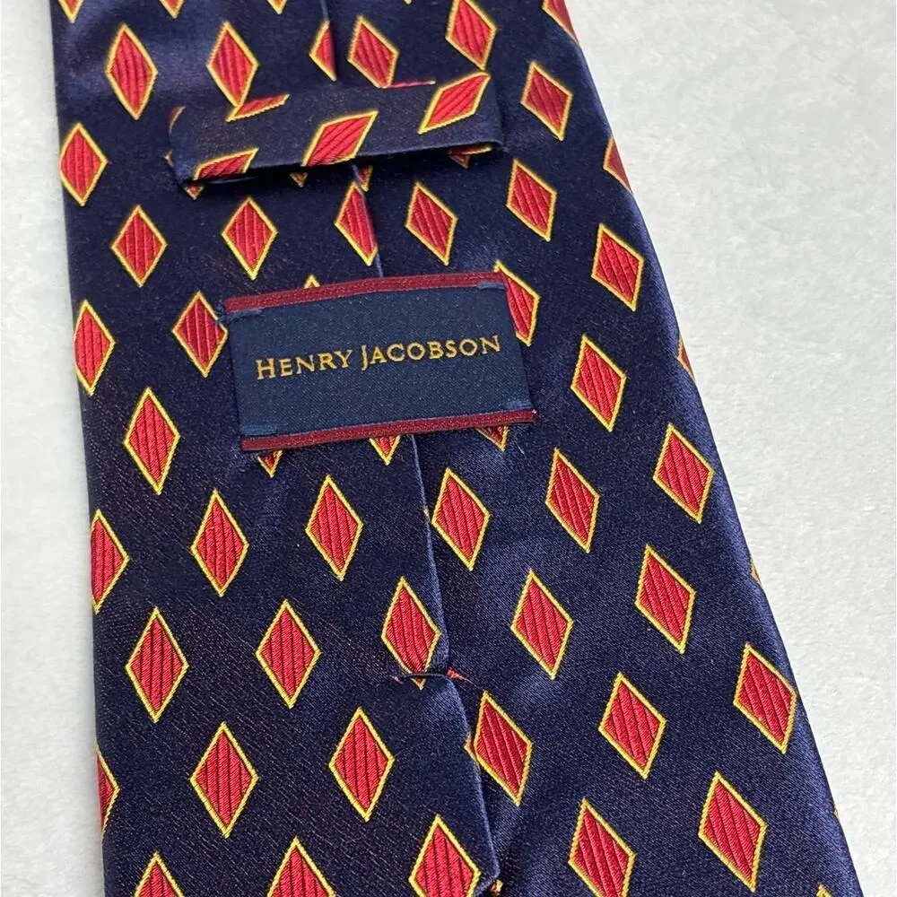 Henry Jacobson Men's Neck Tie‎ Blue Red Yellow Geometric 100% Silk Corpcore
